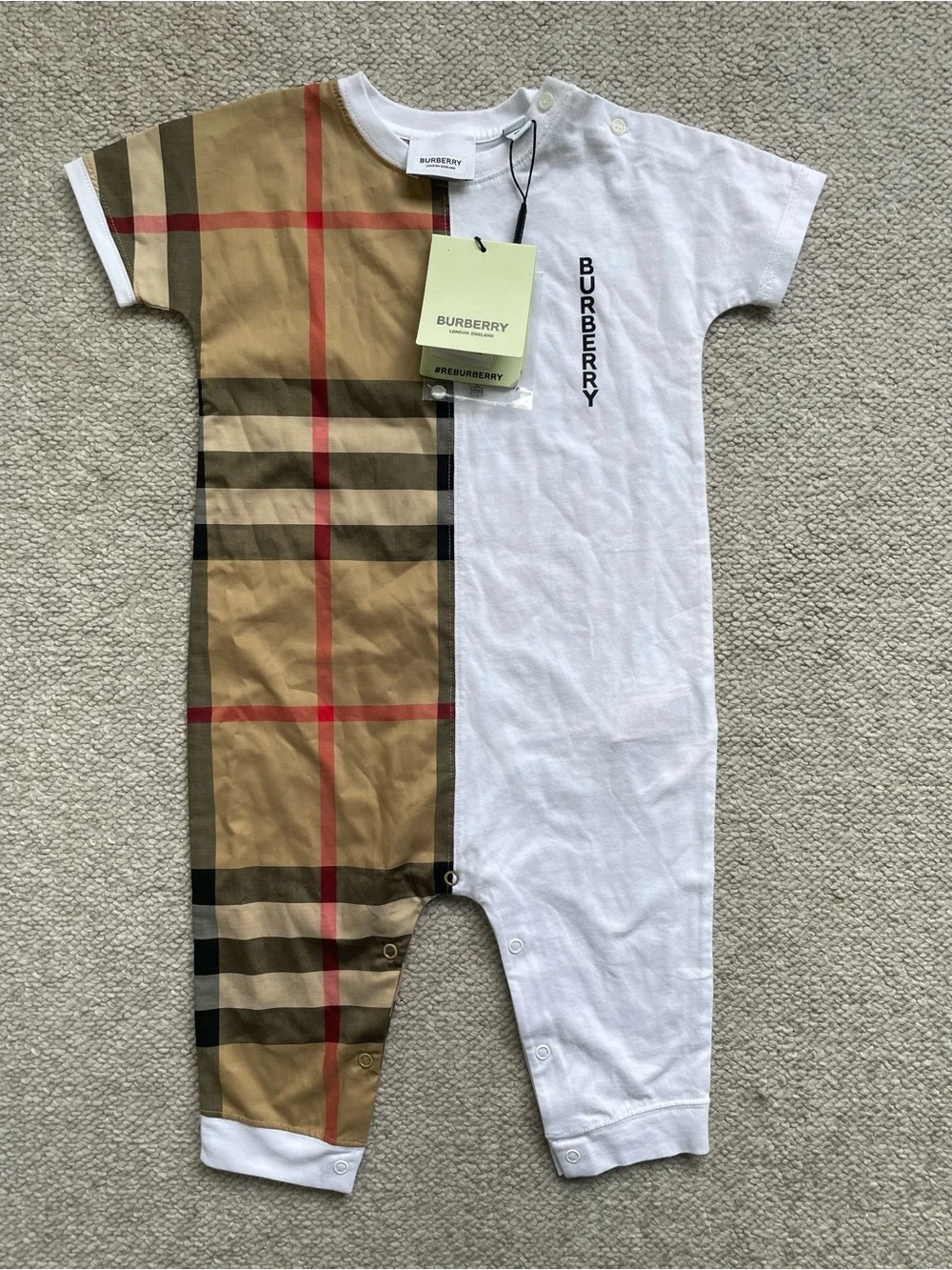 NWT Burberry Baby Lenox Vintage Check Logo One Piece Romper, Size 18 months